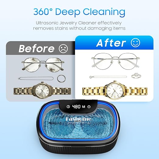 Ultrasonic Jewelry Cleaner with 45kHz for Rings, Glasses & Retainers | Safely Cleans Silver Necklace & Earring，3 Power Modes & 5 Timer Settings，Includes 2 Cleaning Solutions，35W Power & Degas Mode