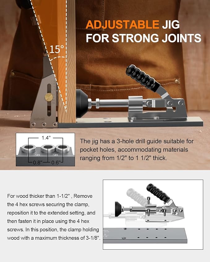 Kolvoii Pocket Hole Jig, Professional Adjustable Pocket Screw Jig for Strong Joints, Versatile Drill Guide Jig for Materials 1/2" to 3 1/8" Thickness with Storage Case
