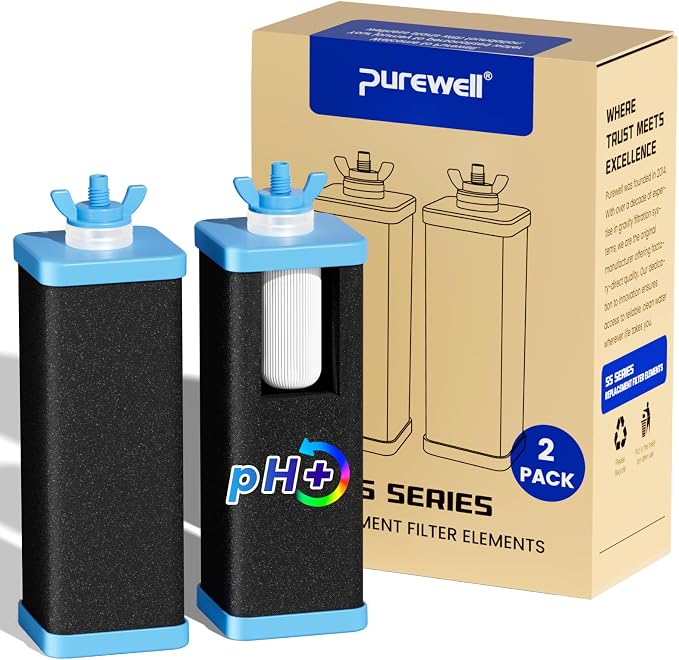 Purewell 5-Stage Composite Carbon Filter for Alkaline & PFAS Reduction, 2X Thickened Walls, Up to 20,000 Gallons, Compatible with Berlky, ProOne & Purewell Gravity Systems (2 Pack, SS Series, PF-6-PH)