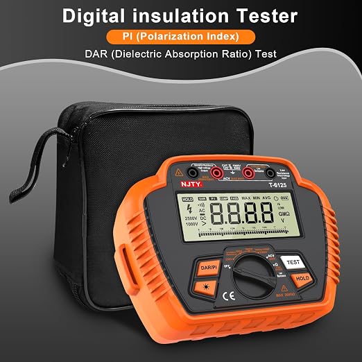 NJTY T6125 Digital Insulation Resistance Tester, 2500V Megohmmeter, 0.01MΩ–200GΩ, AC Voltage (10V-600V), Low Resistance (0.01Ω-60Ω), Data Hold, Over-Range Alarm, Auto Shutdown, Backlit LCD