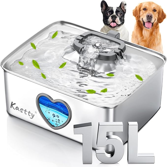 Kastty Large Dog Water Fountain, 15l/4gal Stainless Steel AUTO Pet Water Bowl Dispenser Indoor, 5-Stage Filtration, Dual-Color LED, Visual Window, Quiet, for Large Medium Dogs & Multi-Pet, FS80