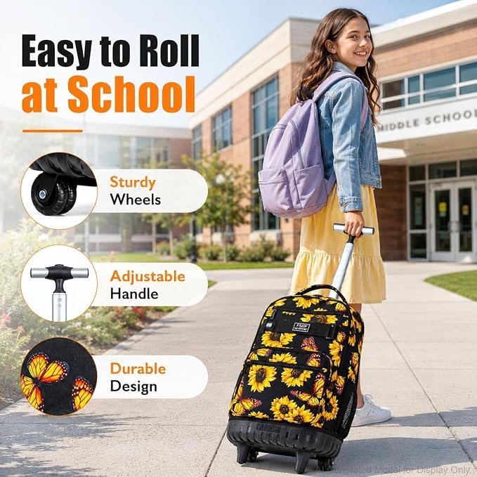 3Pcs Rolling Backpack for Girls Women, Travel Roller Backpacks with Wheels for Adults, Teens College Sunflower Wheeled Bookbag with Lunch Box(Yellow)