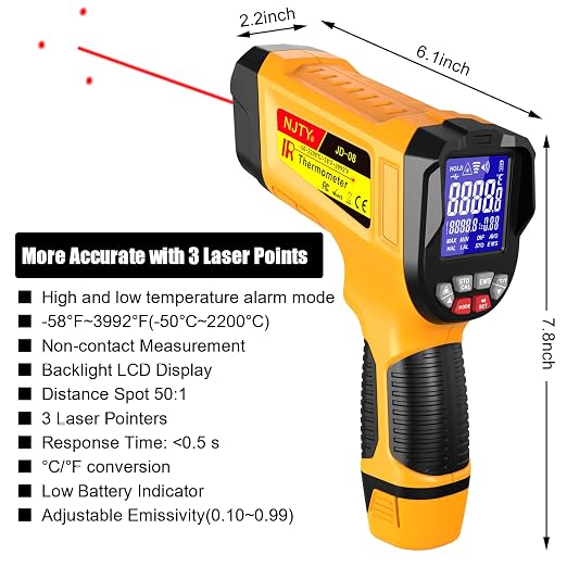 NJTY Infrared Thermometer Gun, -58℉ to 3992℉, High Temp Laser Thermometer with Adjustable Emissivity, Non-Contact Digital IR Pyrometer for Furnace, Kiln, Metal, Industrial Use