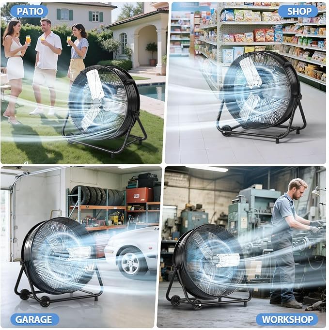 LifePlus 30" Industrial Drum Fan, 550W 14000 CFM High Velocity 3-Speed Heavy Duty Metal Air Circulator with 360° Tilt, Casters Handle for Warehouse Factory workshops Patios Garage,