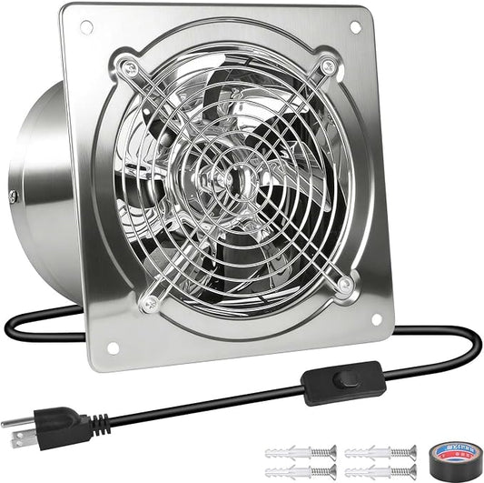 8-inch wall-mounted kitchen metal exhaust fan with switch, 382-576CFM, portable installation, with return air valve, suitable for attic, garage, bathroom, office, basement ventilation, silver
