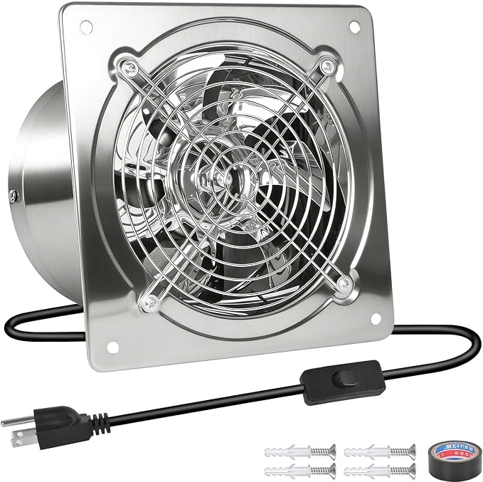10-inch wall-mounted kitchen metal exhaust fan with switch, 382-576CFM, portable installation, with return air valve, suitable for attic, garage, bathroom, office, basement ventilation, silver