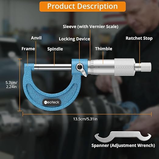 Neoteck 0-1" Outside Micrometer 0.0001" Resolution Carbide-Tipped Anvils Precision Mechanical Micrometer Anti-Glare Graduation Micrometer Set with Wrench and Case for Machining, Automotive, Inspection
