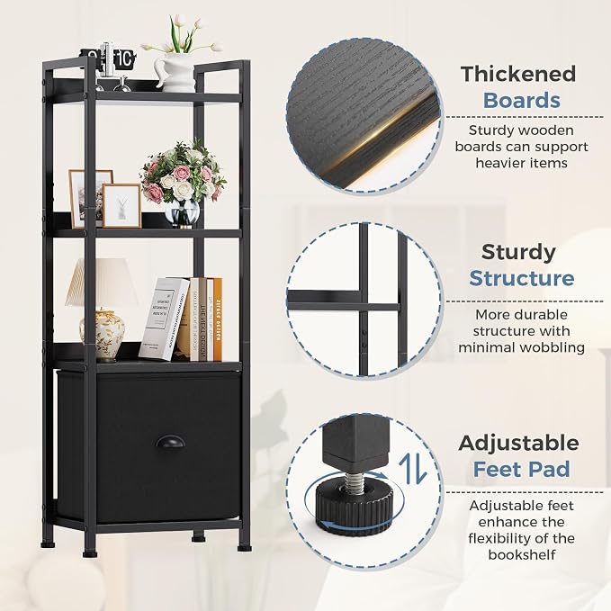DUMOS 4 Tier Bookshelf with Fabric Drawer, Industrial Bookcase, Narrow Display Standing Shelf, Wood and Metal Storage Shelf Organizer in Bedroom, Living Room, Black