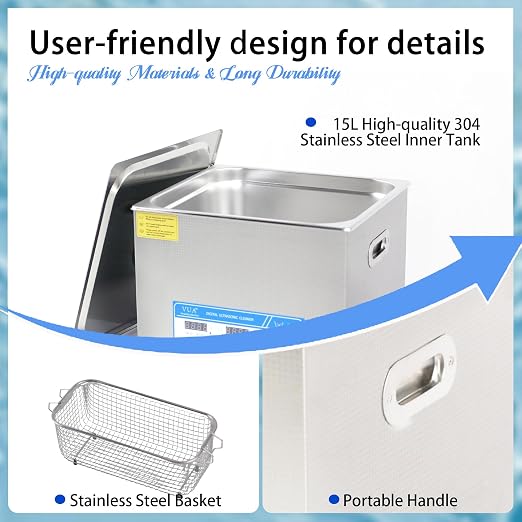 15L Industrial Ultrasonic Cleaner with Heater and Digital Timer, 40kHz 360W Professional Ultrasonic Parts Cleaning Machine with Drain for Carburetors, Engine Parts, Auto Tools and Lab Equipment