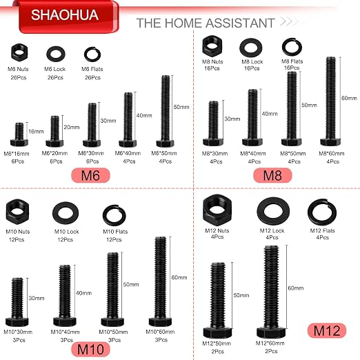 M6 M8 M10 M12 Metric Bolts and Nuts Assortment Kit 16MM to 60MM Grade 8 Hex Head Nuts Bolts Washers Assortment 15 Metric Sizes Nuts and Bolts Assortment Kit with Storage Case, 232PCS, Black