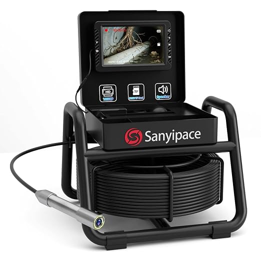 Sanyipace 18MM Sewer Camera, 66FT/20M Drain Inspection Camera with Microphone and Speaker, 1080P IP68 Waterproof Pipe Camera with 8 LEDs, Stiff Cable for Drain Duct Plumbing Inspection, 32GB Card