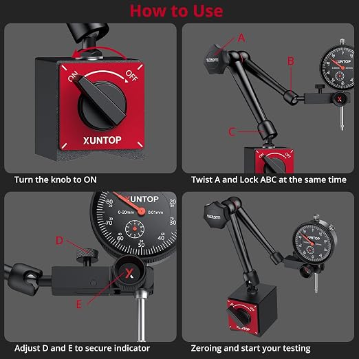 XUNTOP Dial Indicator with 176lbs/80kg Magnetic Base,1inch/0.001inch Imperial Dial Test Gauge Set with Storage Case for Lathe,3D Printer,CNC,Car,Workshop