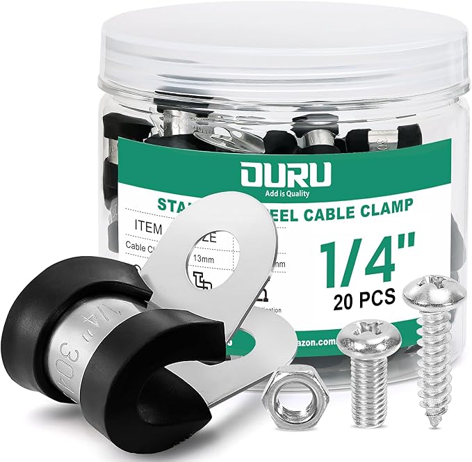 OURU 20PCS 1/4 Inch Cable Clamps with 45PCS Screws Assortment Kit 304 Stainless Steel Rubber Cushioned Insulated Cable Clamp, Automotive Wire Pipe Clamps(6mm)