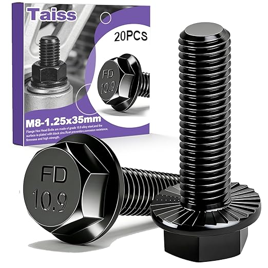 Taiss 20PCS M8-1.25 x 35mm Metric Flange Hex Head Bolts,Hex Drive Screws 10.9 Black Zinc Plated Alloy Steel,m8x1.25 Bolt,Full Thread Hex Bolts
