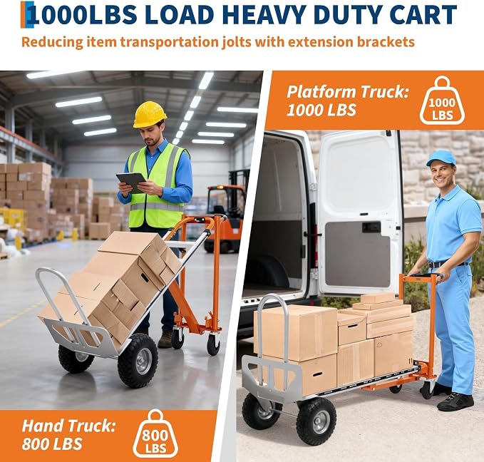 4 in 1 Convertible Hand Truck, Aluminum Hand Trucks 1000 Lb Capacity, Convertible Hand Truck with Wheels, Elastic Straps, Hands Dolly Heavy Duty for Home, Warehouse, Supermarket, Office