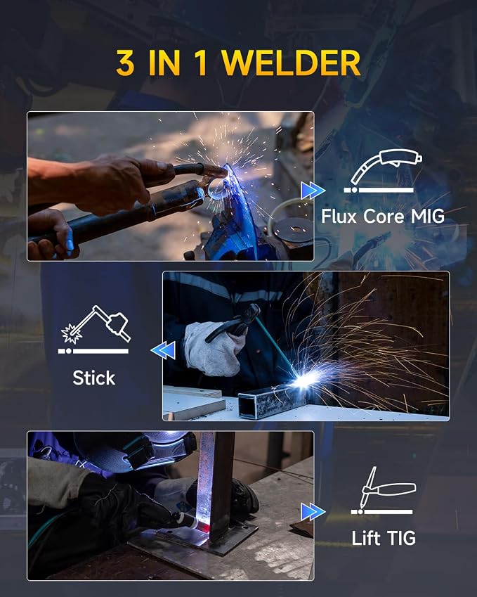 135A MIG Welder,110V 3-in-1 Flux Core Gasless MIG/Stick/Lift TIG Welding Machine with Synergic Control, Large LED Display, VRD Safety, Portable IGBT Inverter Welder for Beginners, DIY & Home Repair