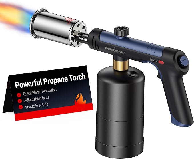 ThermoMaven Propane Torch with One-Touch Max Fire, Blow Torch Gun with Safety Lock, Charcoal Lighter Flamethrower, Kitchen Food Torch Head for Grill, Sous Vide, BBQ, Midnight Cobalt(Tank Not Included)