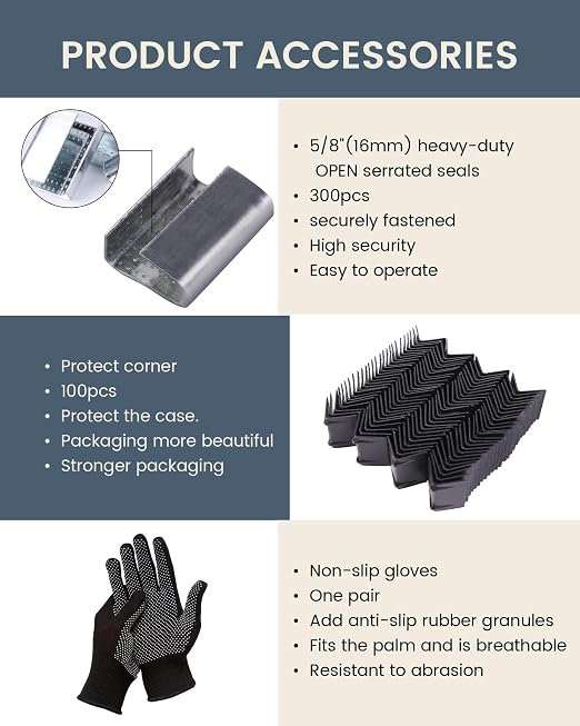 FoundGo PET Banding Strapping Kit for Heavy Duty Durable Pallet Packaging Strapping Tool with >1500lbs 5/8" x 1000' PET Strapping Roll & its own Pull-Out Box 100 Corner Protectors 300 Seals-Blue Gray