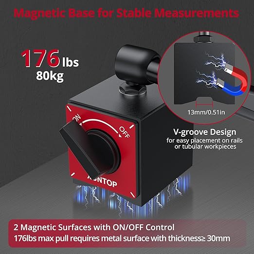 XUNTOP Dial Indicator with 176lbs/80kg Magnetic Base,1inch/0.001inch Imperial Dial Test Gauge Set with Storage Case for Lathe,3D Printer,CNC,Car,Workshop