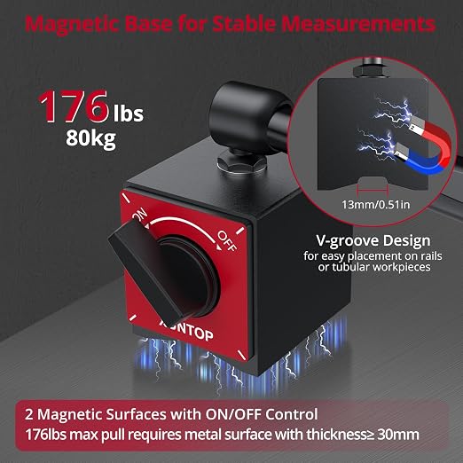 XUNTOP Digital Dial Indicator with 176lbs/80kg Magnetic Base, 1inch/0.0005inch Dial Gauge with Inch/Metric Conversion LCD Display Digital Dial Indicator Set for Lathe,3D Printer,CNC, Indusrial
