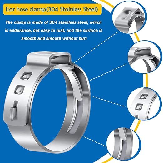 130Pcs 12-Sizes 304 Stainless Steel Single Ear Hose Clamps with Ear clamp plier 6-36.1mm Crimp Hose Clamps Assortment Kit for Auto/Home Appliance/Pipe/Fuel Line Stepless hose clamp with pincer