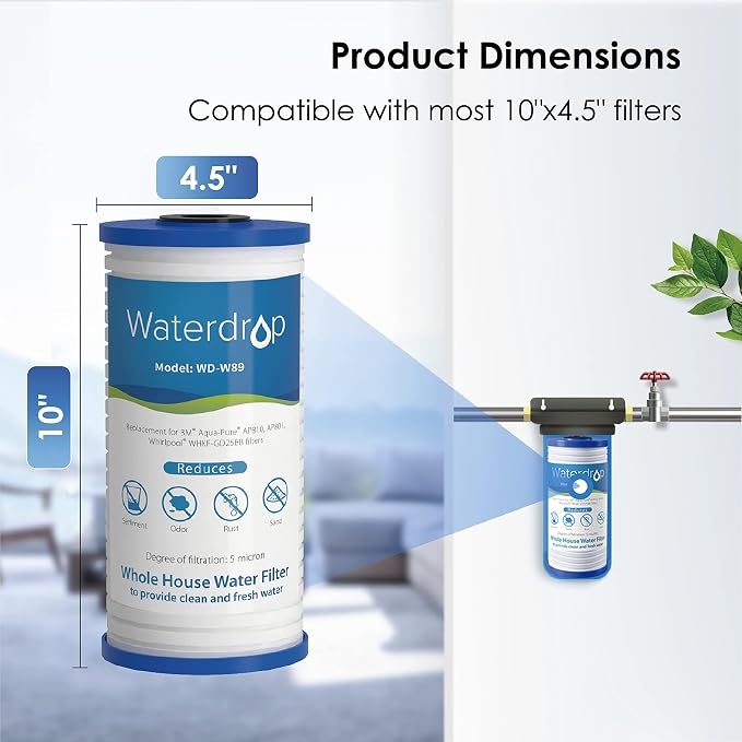 Waterdrop AP810 Whole House Water Filter, Replacement for 3M® Aqua-Pure® AP810, AP801, AP811, Whirlpool® WHKF-GD25BB, WHKF-DWHBB, 5 Micron, 10" x 4.5", Well & Tap Water Filter, Pack of 4