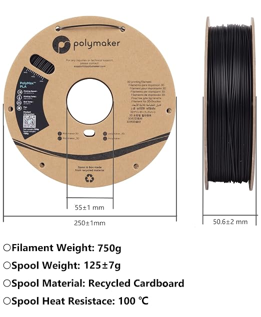 Polymaker Polymax Tough PC Filament 1.75mm, Black Polycarbonate Filament 1.75mm 0.75kg Cardboard Spool - PC Filament 3D Printer Polycarbonate Filament, Tough & High Heat Resistant