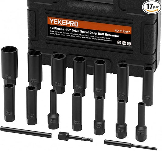 17PCS 1/2" Drive Deep Bolt Extractor Set (85mm Length), Cr-Mo Steel Spiral Socket Set for Removing Damaged, Frozen, Rusted, Stripped & Rounded-Off Bolts, Nuts & Screws