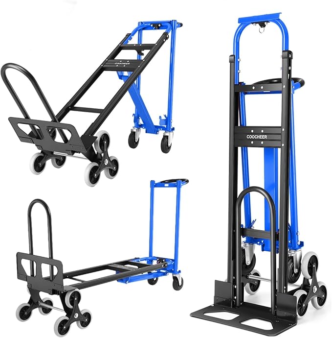 Professional 1000LBS Stair Climbing Hand Truck, Heavy Duty 3-in-1 Aluminum Convertible Dolly Cart with Solid Wheels for Moving, Office, Travel (Blue)