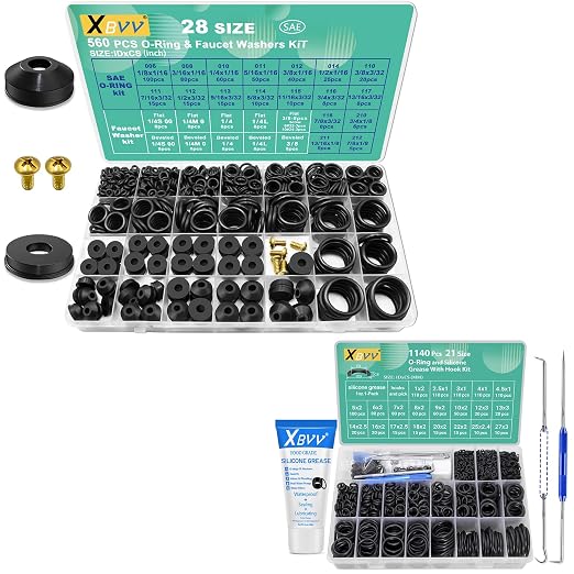 XBVV 1140 Pcs O Ring Assortment and 1oz Silicone Grease Kit and 28 Size 560 Pcs Faucet Rubber Washers Kit and SAE O Ring Assortment Set