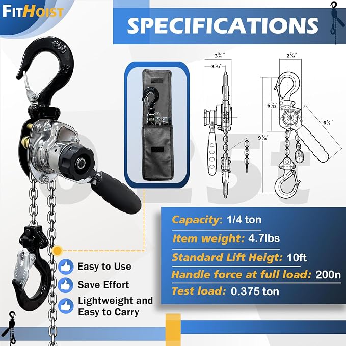 Chrome Plated Mini Chain Hoist 1/4 ton 550Lbs Capacity 10ft Lift Manual Lever Chain Hoist Resists Corrosion Chrome Exterior Finish Alloy Steel G80 Chain, for Garages Warehouse Automotive