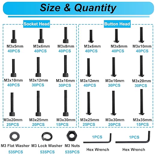 2135PCS M3 Screws Kit, M3x5/6/8/10/12/16/20/25/30/35mm Button Head and Socket Head Screws Bolts Nuts Washers Kit, 10.9 & 12.9 Grade Alloy Steel, Metric Bolts for 3D Printing