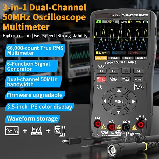 706S 3-in-1 Handheld Oscilloscope Multimeter DDS Signal Generator, 2 Channel 50MHz Bandwidth 280MSa/s Sampling Rate, 66000 Counts Multimeter with VFC, Diode Test & Waveform Recording
