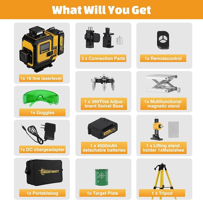 laser level 360° self leveling 4D 16 Lines Green Laser Level with Magnetic Bracke Remote Control Complete Kit with Tripod Rechargeable Battery for Construction Renovation Picture Hanging