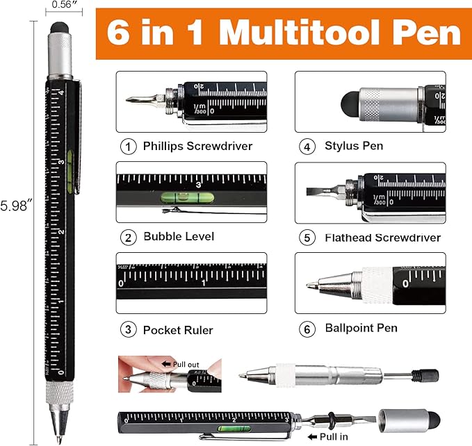 Magnetic Pickup Tool and 6 in 1 Multitool Pen with Touch Screen Stylus, Rulers, Bubble Level, Flathead, Phillips Screwdriver, Ballpoint Pen, Fathers Day Dad Gifts, BIrthday Gifts for Men, Dad, 2Pack