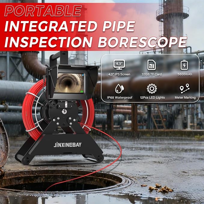 Sewer Pipe Inspection Camera, IPS Monitor 32GB TF Card DVR, IP68 1200TVL HD Camera 65/100FT Fiberglass Cable, 5600mAh Battery Night Vision, for Home/Contractor/Plumber (4.3 inch/100FT)