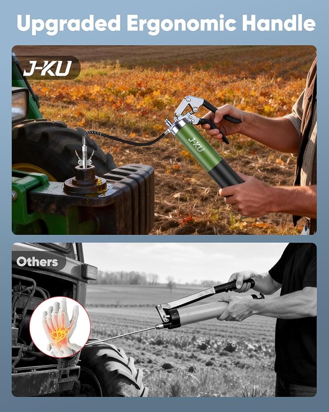 J-KU Grease Gun, 14 oz Manual Pistol Grip Grease Gun Kit – Heavy Duty 8000 PSI High Pressure Grease Gun with Air Bleed Valve for Easy Priming, Flexible Hose & 6 Nozzles for Automotive, Marine, Tractor