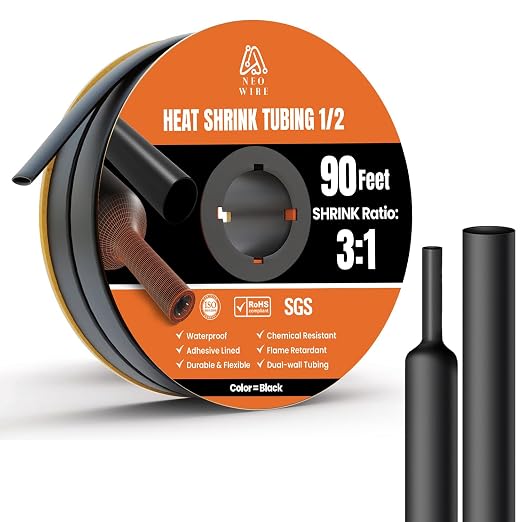 Heat Shrink Tubing 1/2", (12.7mm) 3:1 Ratio Shrink Tube Industrial and Marine Grade, Dual Wall Adhesive Lined Wire Shrink Wrap Tubing, 90 Feet Black Roll