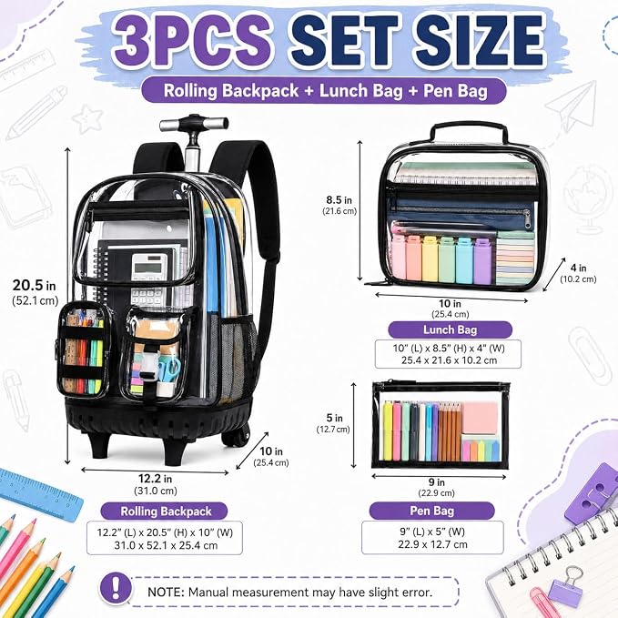 CCJPX 3Pcs Clear Rolling Backpack for Girls Women, Heavy Duty PVC Transparent Wheeled Bookbag, See Through School Bags with Wheels for Teens Elementary Travel - Black