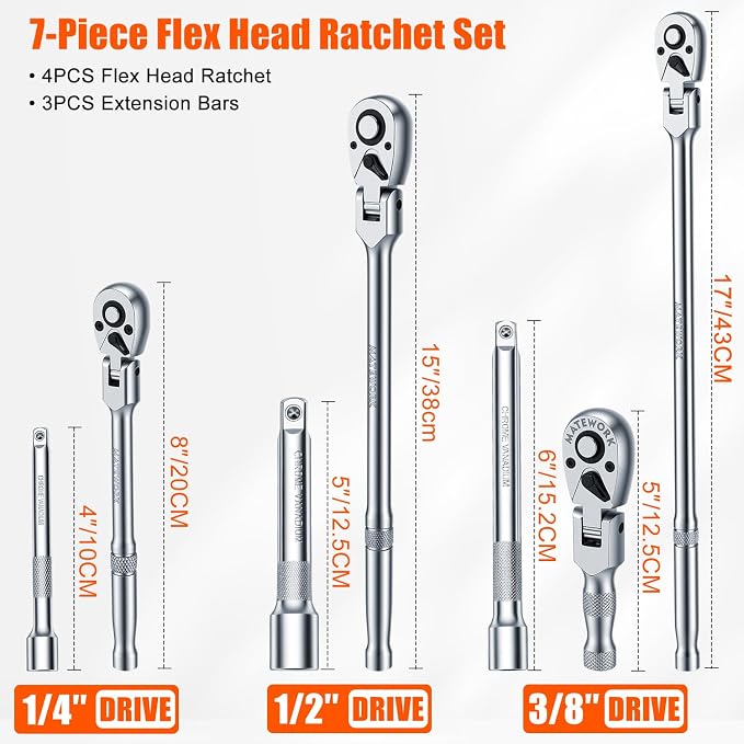 Matework 7Pcs Flex Head Ratchet Set, 1/4”, 3/8” and 1/2” Drive Swivel Ratchet Wrench with 180° Flex Head, 90 Tooth, Quick-Release, Extra Long Handle Ratchet with Extension Bar and EVA Foam, CR-V Steel
