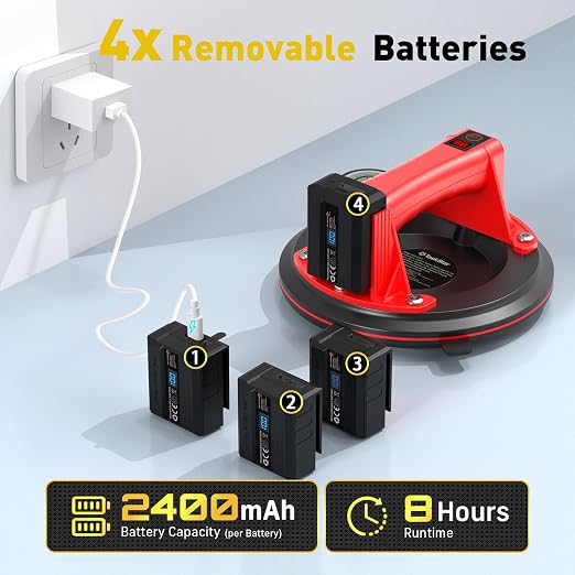 TaskStar Electric Glass Suction Cups, Tile Suction Cup Lifter with Pressure Gauge, 4X 2400mAh Battery, LCD Display & Auto Hold Up to 270KG Heavy Duty Vacuum Suction Cup Handle for Tile/Window/Granite