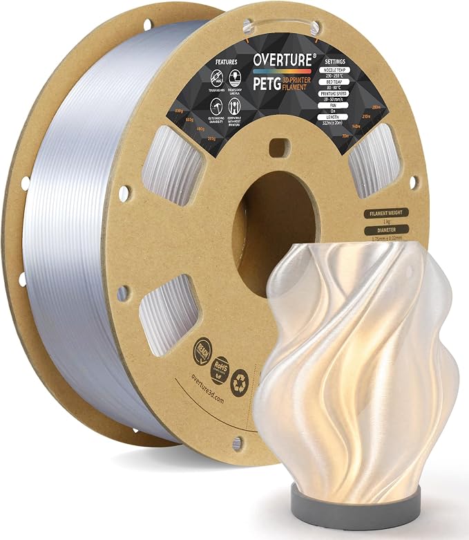 OVERTURE PETG Filament 1.75mm, High Speed 3D Printer Filament, Neatly Wound & Clog-Free, 1kg Spool (2.2lbs) Clear PETG, Dimensional Accuracy +/- 0.02mm, Fit Most FDM Printers (Transparent)