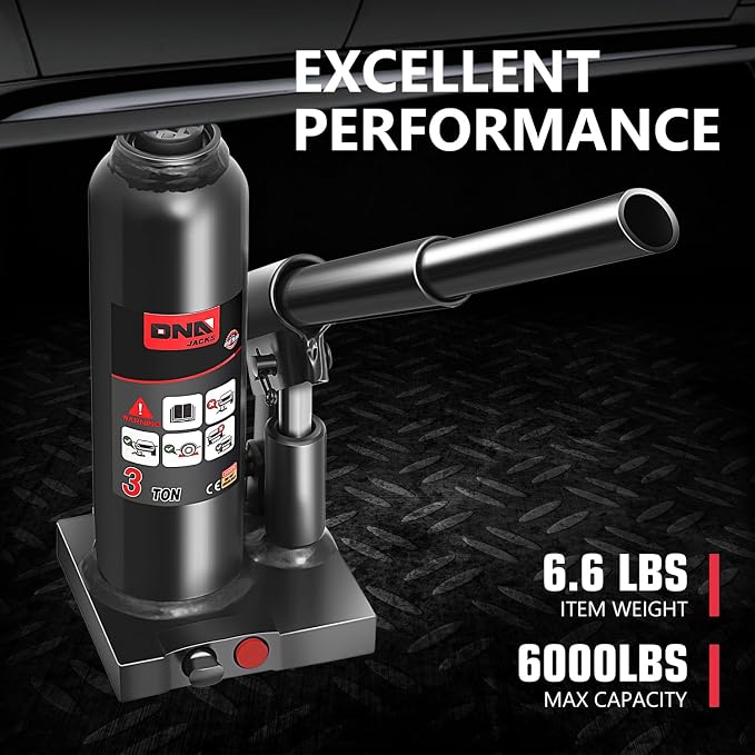 DNA Motoring 3 tons / 6000 lbs Lifting Automotive Welded Hydraulic Bottle Jack for Repair Vehicle, Pickup, Truck, w/Manual Handle, BLACKTOOLS-00351