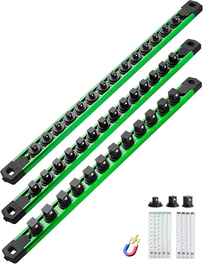 ALOANES Magnetic Socket Organizer Set, 3-Piece Heavy Duty Aluminum Socket Rails, 360° Swivel Clips Socket Rail Kit for Tool Tray Drawer Fit 1/2, 3/8, 1/4-Inch x 40 Clips (Green, 3PC)