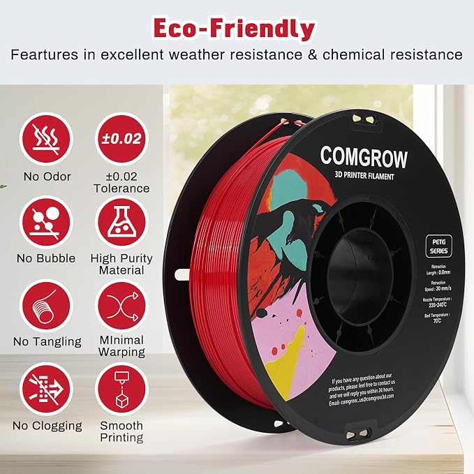 Comgrow PETG 3D Printer Filament 1.75mm, High Precision and Tough 3D Printer Filament 1kg (2.2LBS), Dimensional Accuracy +/- 0.02 mm, Fit Most 3D Printers Red