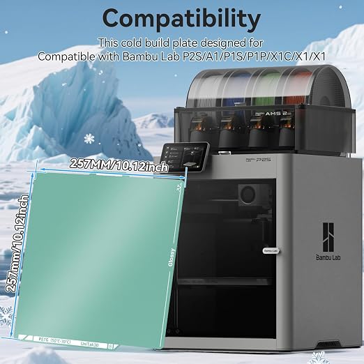 Energy-Saving Cold Build Plate for Bambu Lab X2D/P2S/P1S/A1/P1P/X1C/X1/X1E 3D Printers,257x257mm Double Sided Glossy+Matte Low-Temperature Print,Strong-Adhesion Platform(No Glue Required)-1PCS