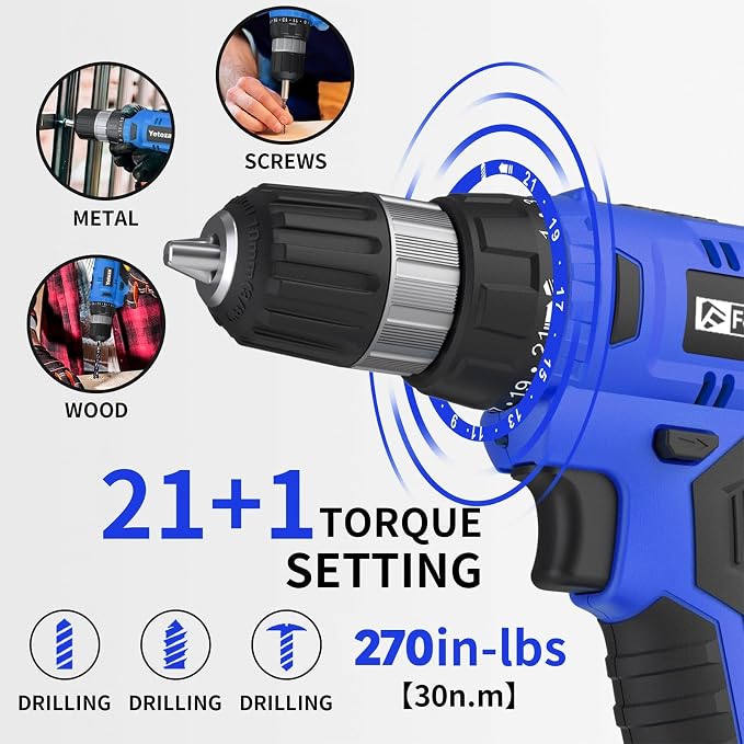 FADAKWALT Cordless Drill Set, 20V Electric Power Drill with Battery And Charger, Torque 30N, 21+1 Torque Setting, 3/8-Inch Keyless Chuck, LED Work Light, Complete Drill & Driver Bits Kit（blue)