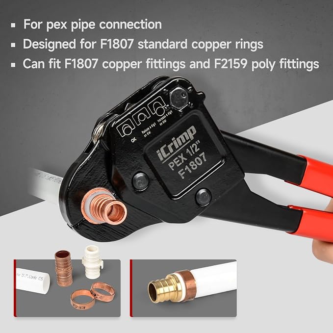 iCrimp Angle Head F1807 PEX Pipe Crimping Tool for Copper Rings - 1/2-inch Angle Single Crimper, Suitable for Tight Spaces