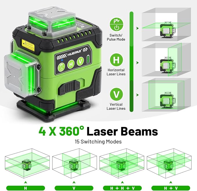 HUEPAR Laser Level 360 Self Leveling with LCD Screen, 4 x 360° High Brightness Rechargeable 4D Lazer Leveler Tool for Construction and Picture Hanging, Strong Magnetic Bracket&Hard Carry Case -Y04CG