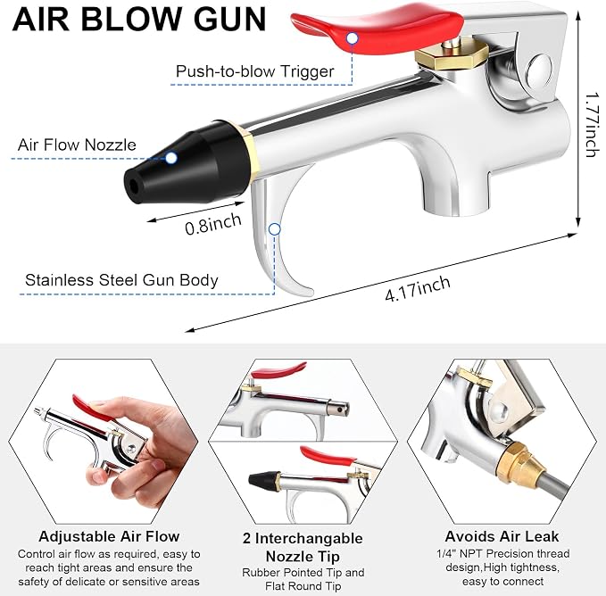 4 Set Air Blow Gun Kit with 11.5 ft Nylon Hose Heavy Duty Truck Air Seat Blow Gun Kit with 2 Interchangeable Nozzle Tips for Semi Truck 1/4 Inch Npt for Tractor Dust Clean(Silver,Gray)